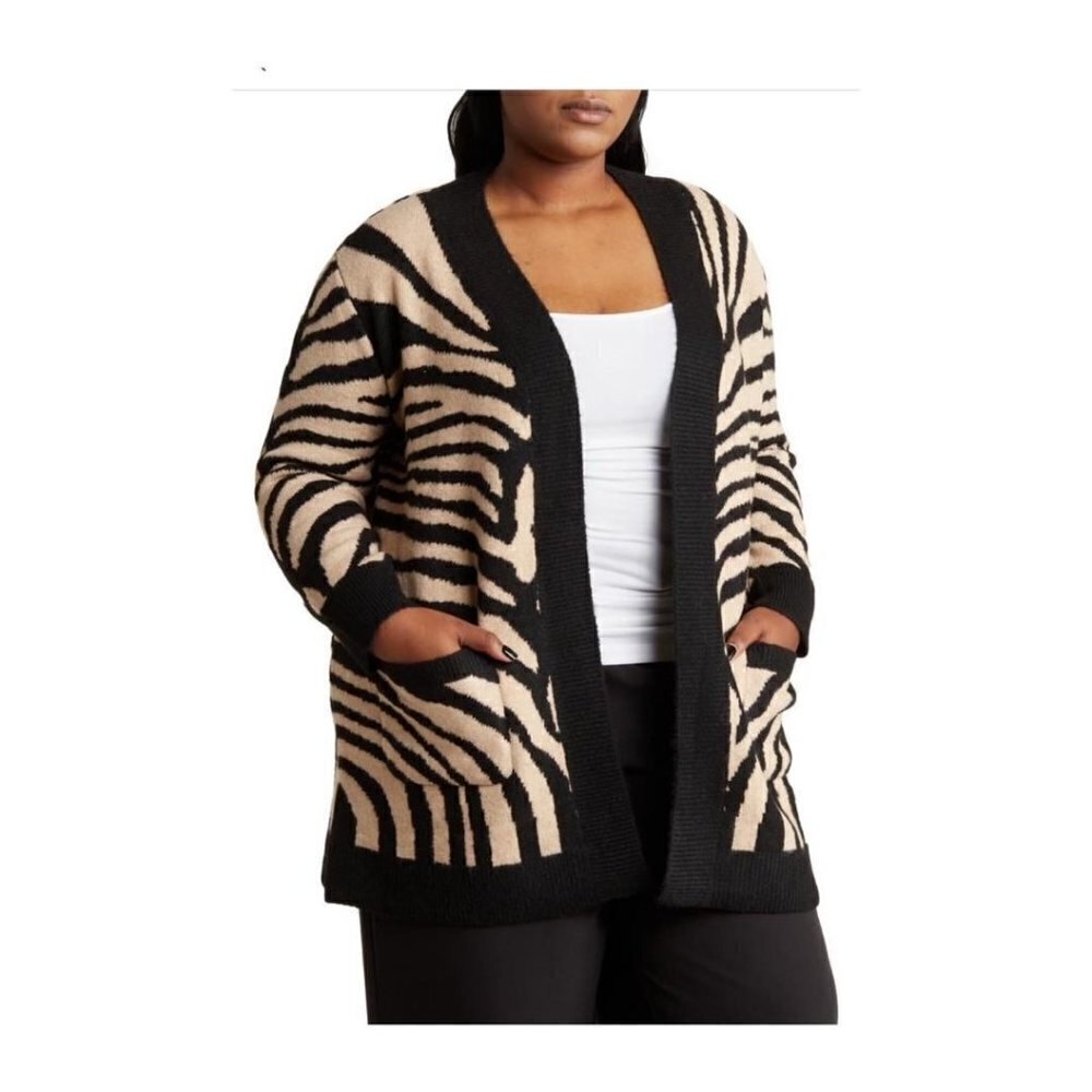 Tahari Womens Black Cream Animal Print Cocoon Cardigan Sweater Plus Sz 2X New